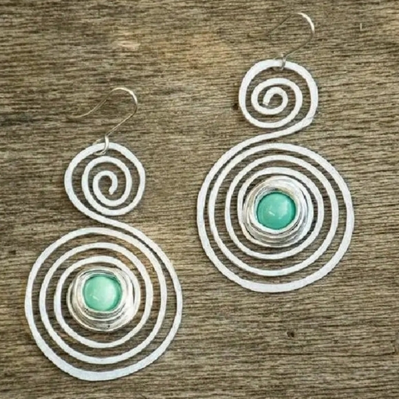 Round Spiral Pattern With Round Turquoise Inlaid Dangle Earrings - Picture 1 of 5